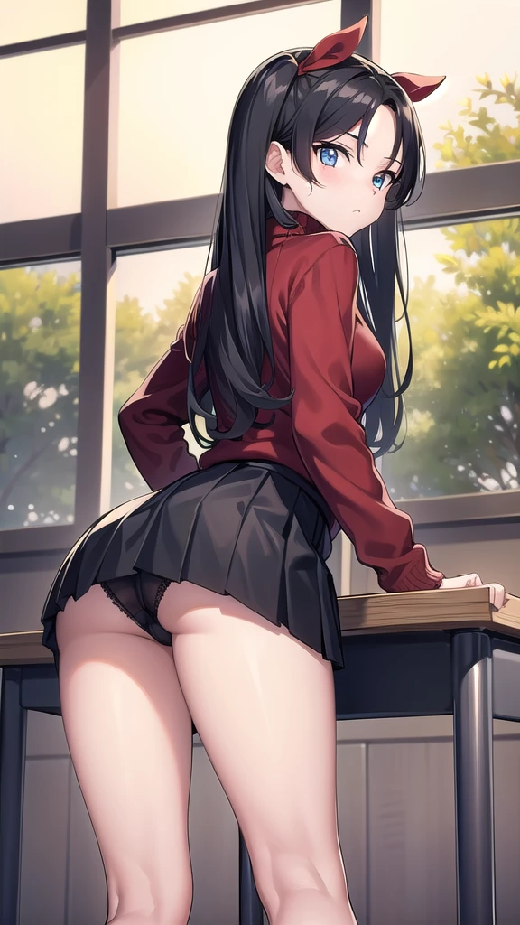 rintohsaka, rin tohsaka kyockcho, aqua eyes, (black hair:1.5), hair ribbon, long hair, ribbon, sidelocks, two side up, (parted bangs:1.5),
BREAK black skirt, long sleeves, miniskirt, pleated skirt, (red sweater:1.5), skirt, sweater, thighs, turtleneck,
BREAK indoors, classroom,school,desk,tables,
BREAK looking at viewer,
BREAK (masterpiece:1.2), best quality, high resolution, unity 8k wallpaper, (illustration:0.8), (beautiful detailed eyes:1.6), extremely detailed face, perfect lighting, extremely detailed CG, (perfect hands, perfect anatomy),standing, from behind,back view photo,full body,long legs,skinny fit, shows panties,upskirt,sexy panties,lace panties, bend over,shows ass,pantyhose.