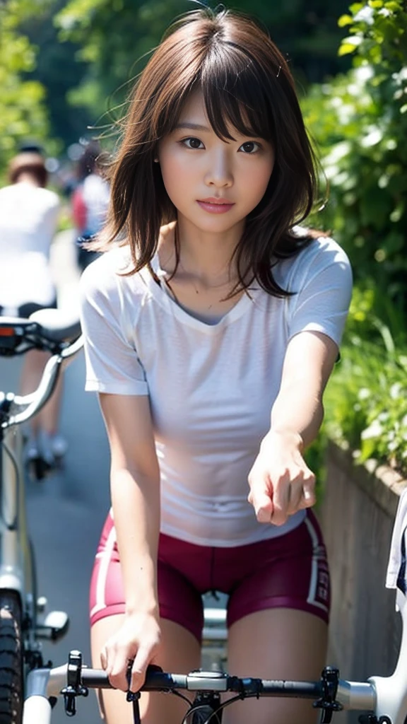 ((riding a bike)), (wearing a low cut top), loose shirt, no panties, no bra, wet and shiny skin, very small breasts, ((small breasts: 1.4)), (small bust), adult woman of 20 years old, Japan idol with dark eyes and black hair, very detailed eyes and face, sweaty décolleté, KPOP idol, short bob cut, full body, single girl, detail, real, smile, light smile, long eyelashes, sideways, outdoor, detail, real, morning, natural light, low angle, blurred background, UHD:1.2), (best quality, masterpiece: 1.3)), clear focus: 1.2, (realistic, photorealistic: 1.37), (complex detail: 1.4), from below, high detail, textured skin, 8K