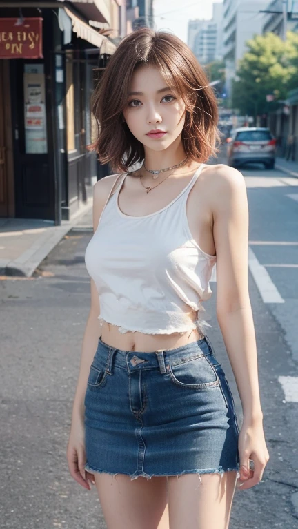 ((medium sized breast, tomboy girl,)),  (Belly chisel : 1.1), (perfect body : 1.1), (short wavy hair : 1.2) , reddish brown hair, shirt collar, chain, full body shot, Busy streets, Wear a tank top, jeans jacket, (Torn clothes:1.3)((short skirt)), (วอลล์เปเปอร์ CG 8k ที่very detailed), (Delicate and extremely beautiful), (Masterpiece), (best quality:1.0), (ultra height:1.0),  beautiful light ,perfect lightning, realistic shadows, [height], Fine skin, very detailed (((colorful))),Highly realistic,