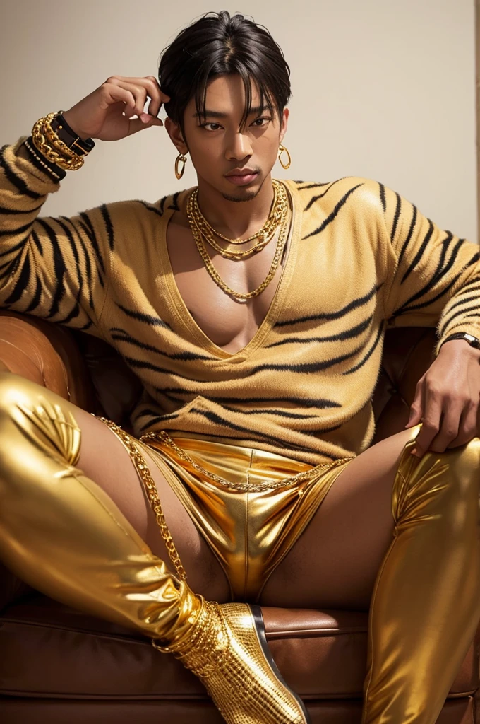 Tiger wearing thick gold chain, sitting in a king&#39;s armchair, beautiful women around you, ((High definition, 8k resolution, detaileds, dramatic lighting, high-quality shadows))