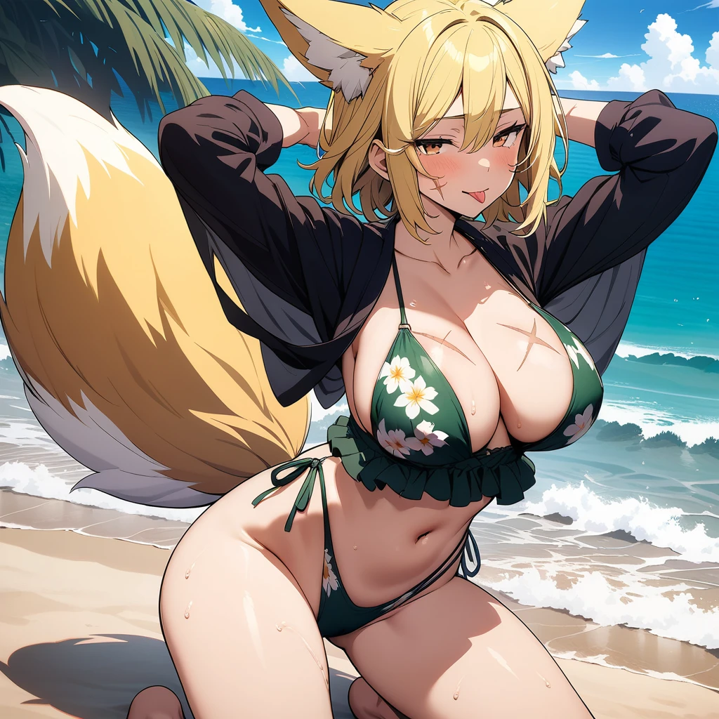 (masterpiece,best quality,very aesthetic,ultra-detailed),(illustration,official art),nsfw,solo,BREAK,1girl,30yo,curvy,large breasts,tall,stout build,bewitching,(blonde fox ears),(a fox tail),(blonde hair,short hair,messy hair),disheveled hair,(brown foxy eyes),half closed eyes,beautiful face,bare legs,comfortable,tongue out,enjoyable,(smirk:0.8),(tropical atmosphere,flower print dark green layered highleg bikini,ultra highleg),(cameltoe:0.7),(scar on breasts,scar on cheek:1.2),BREAK,ocean,wave,sandy beach,summer sky,cowboy shot,wading,kneeling,arms behind head,side glance