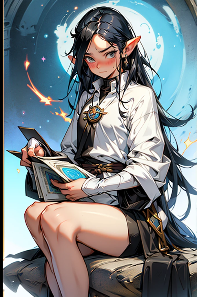 Fairy with pointed ears and semi-long, wavy black hair, who appears to be 26 years old with a fairly mature appearance and in medieval clothing of an adventurer who is sitting and is very embarrassed, surprised and blushing
