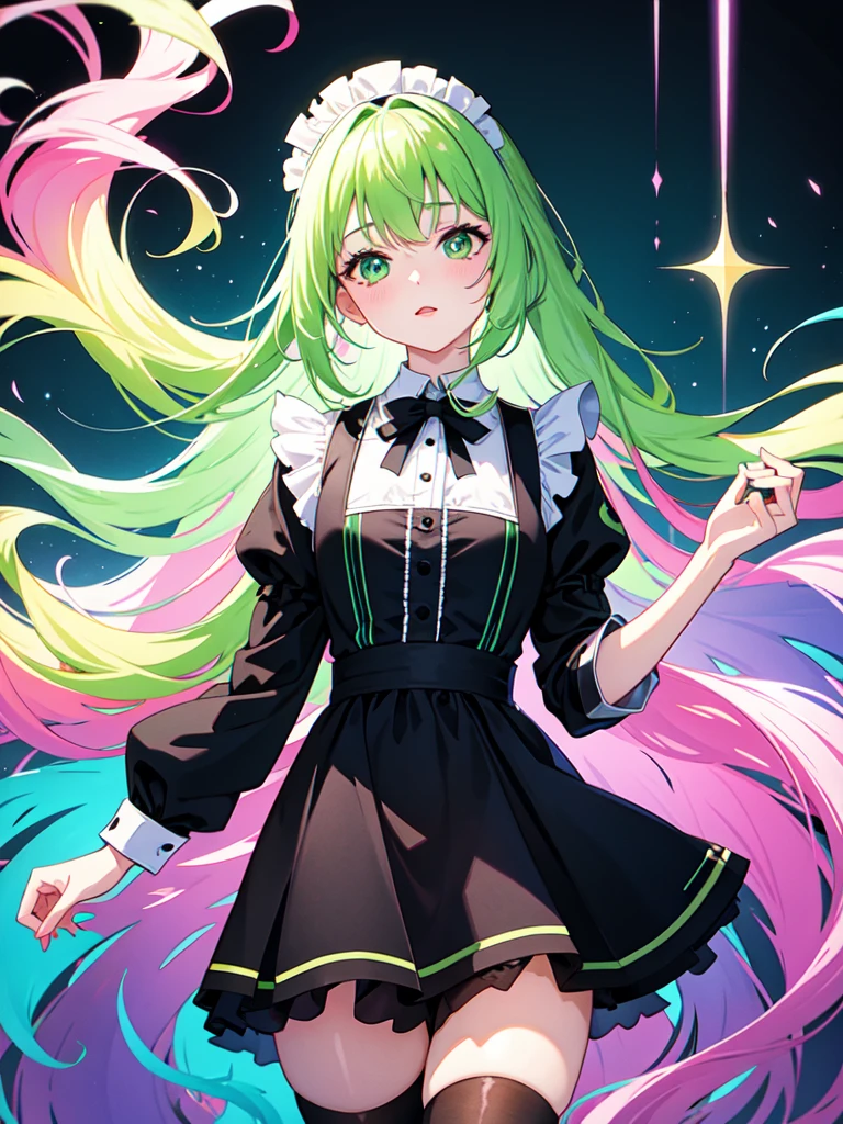 watercolor画, （Gradient braided hair, (Ink blotches:1.1), (pale:1.2),(Light purple:1.2),(Green/Black:1.2)）and wearing a maid outfit 　Mature face,tall, Wearing black tights,Green Eyes, The skin is hidden　and 1 female, Nervous,Cowboy Shot, sketch (Character design sheet, same characters, whole body, Three-View, front, ~ ~ ~ side, return),(Very bright:1.1), White Background, [1 Girl:7], (Tilt your head:1.2), ([sketch|watercolor \(Moderate\)]:1.15),Chaotic Abstract Background, Vector Trace, Gradient Blending, Bright colors, that&#39;wonderful, Very detailed, Complex, (Very low contrast:1.4）