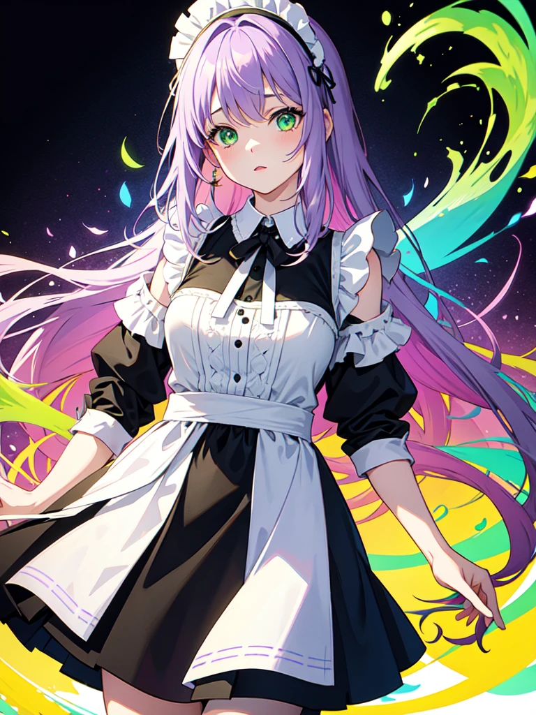 watercolor画, （Gradient braided hair, (Ink blotches:1.1), (pale:1.2),(Light purple:1.2),(Green/Black:1.2)）and wearing a maid outfit 　Mature face,tall, Wearing black tights,Green Eyes, The skin is hidden　and 1 female, Nervous,Cowboy Shot, sketch (Character design sheet, same characters, whole body, Three-View, front, ~ ~ ~ side, return),(Very bright:1.1), White Background, [1 Girl:7], (Tilt your head:1.2), ([sketch|watercolor \(Moderate\)]:1.15),Chaotic Abstract Background, Vector Trace, Gradient Blending, Bright colors, that&#39;wonderful, Very detailed, Complex, (Very low contrast:1.4）