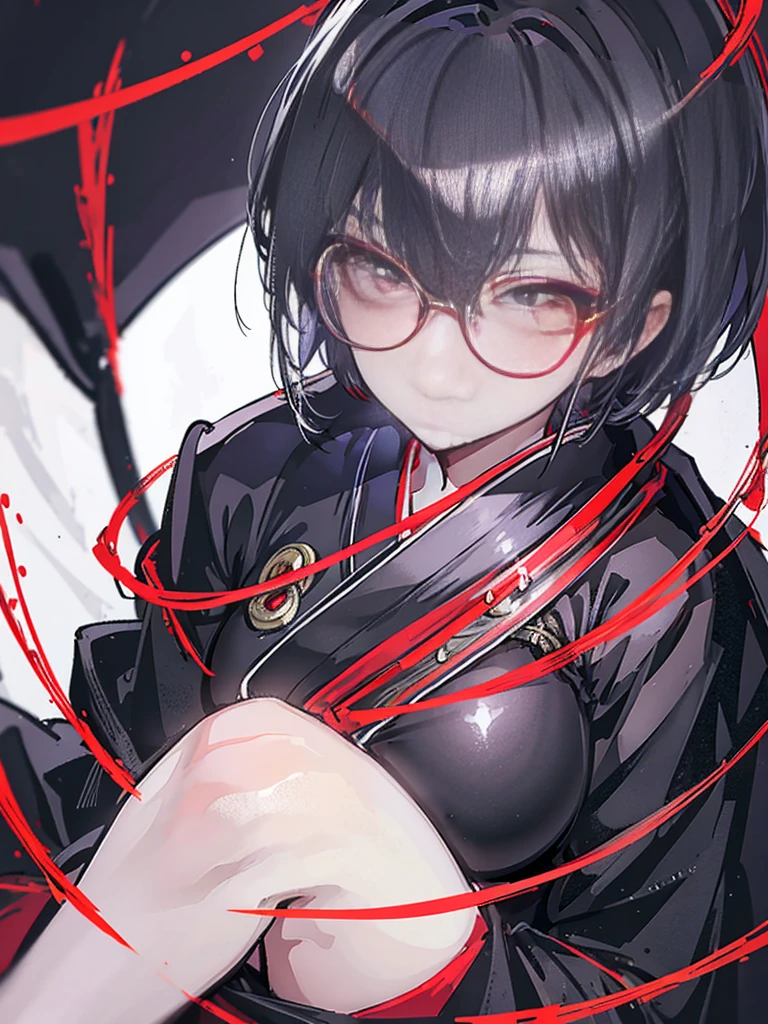 Create a detailed portrait of a beautiful anime girl with short black hair, DarkRed eyes, round red glasses lenses. She is dressed in a black kimono and holds a bright red fan. The background for this portrait should be a night cityscape with lights and lanterns, create an atmosphere of night mysticism and beauty.