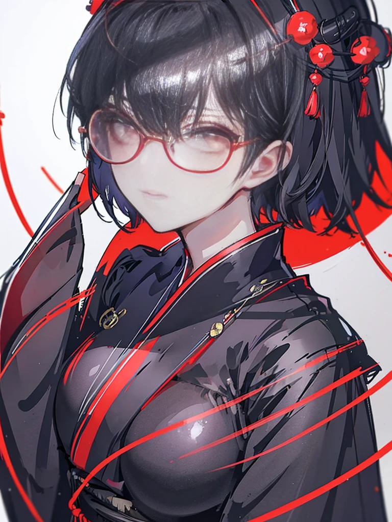 Create a detailed portrait of a beautiful anime girl with short black hair, DarkRed eyes, round red glasses lenses. She is dressed in a black kimono and holds a bright red fan. The background for this portrait should be a night cityscape with lights and lanterns, create an atmosphere of night mysticism and beauty.