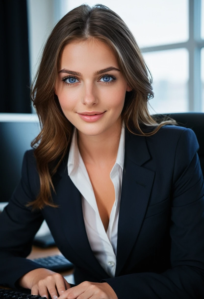 core_9, score_8_up, score_7_up, score_6_up, beautiful woman, cute face, shy, kinky smile, extreme ultra detailed perfect eyes, dark and deep blue eyes , 20yo, nose blush, big breast, eyes contact,Wearing business suit,In front of the computer,in office,(head tilted) ,RAW photo,realistic,volumetric lighting, depth of field,cinematic,close-up