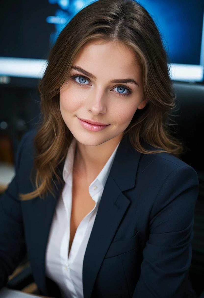 realistic cartoon picture, Insurance manager 30-year-old white Caucasian woman in a modern office setting with blue suit looking straight into the camera, Energetic, warm, friendly, satisfaction, cosy, elegant, closed-mouth smile, flirtatious caucasian, perfect skin, moderate makeup, 8k professional photo, perfect composition, endless detail