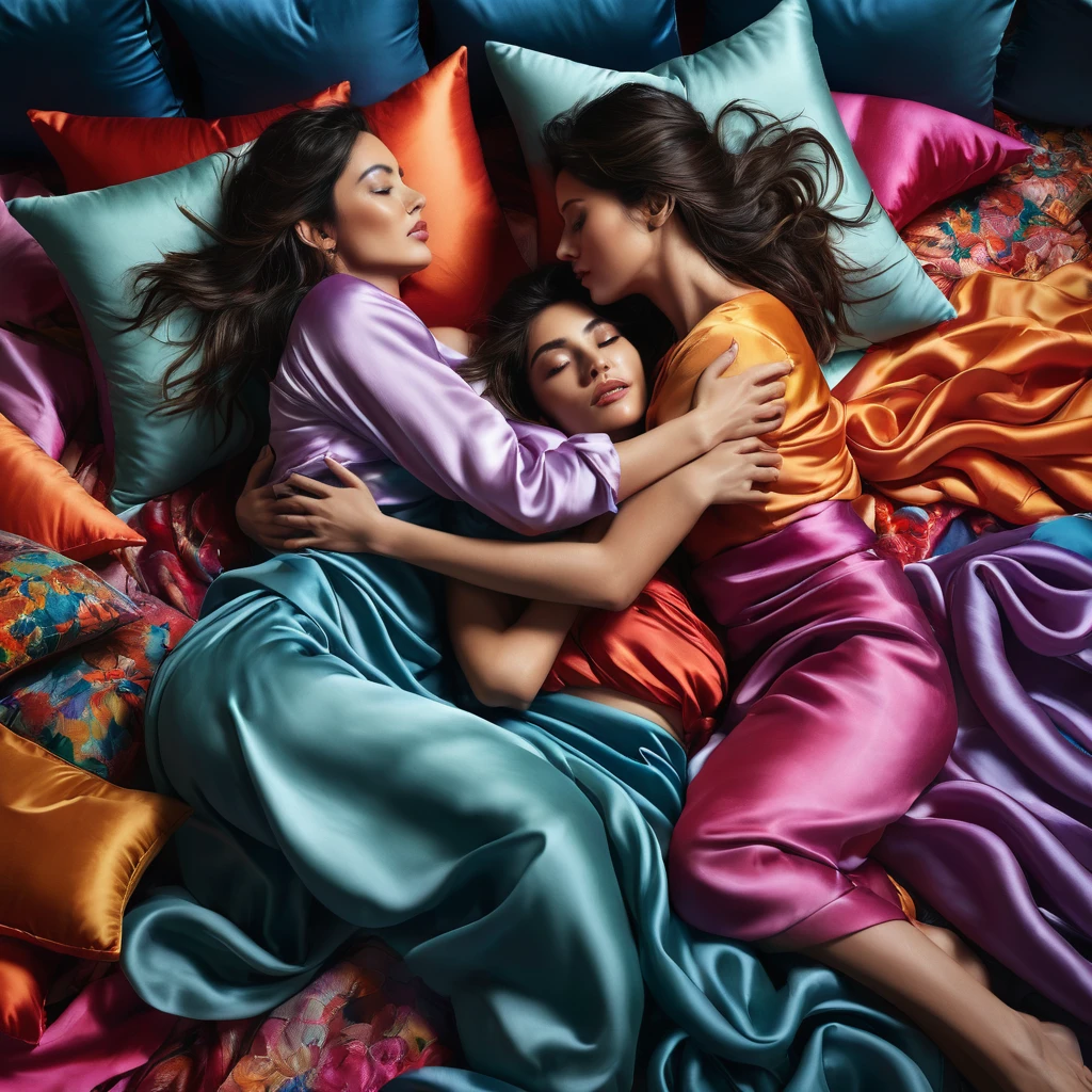 A passionate encounter between two women entwined in each other's arms on a bed scattered with silk cushions. 8k, hyper realism, vibrant colors, sharp crisp image