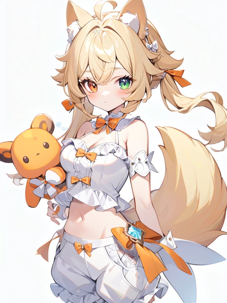 1girl, animal ears, bangs, bare shoulders, blonde hair, blush, bow, breasts, white cleavage, cropped torso, , green eyes, hair ribbon, heterochromia,  stlooking at viewer, , orange bow, orange eyes, orange ribbon, ears like an unearthly animal, fluffy tail, light tail, real tail, ribbon, solo, stuffed animal, stuffed bunny, stuffed toy, twintails, upper body, full-length, white legbands, white shoes with lace and white bows, white background, wrist cuffs, yellow eyes, bloomers, close-up, fair skin frills, lace, midriff, skirt, solo, , white background,shorts, white top with ribbon and lace and trousers,trousers, genshin,white slippers with a bow,All clothes are white, laceAt full height, it stands, в полный рост