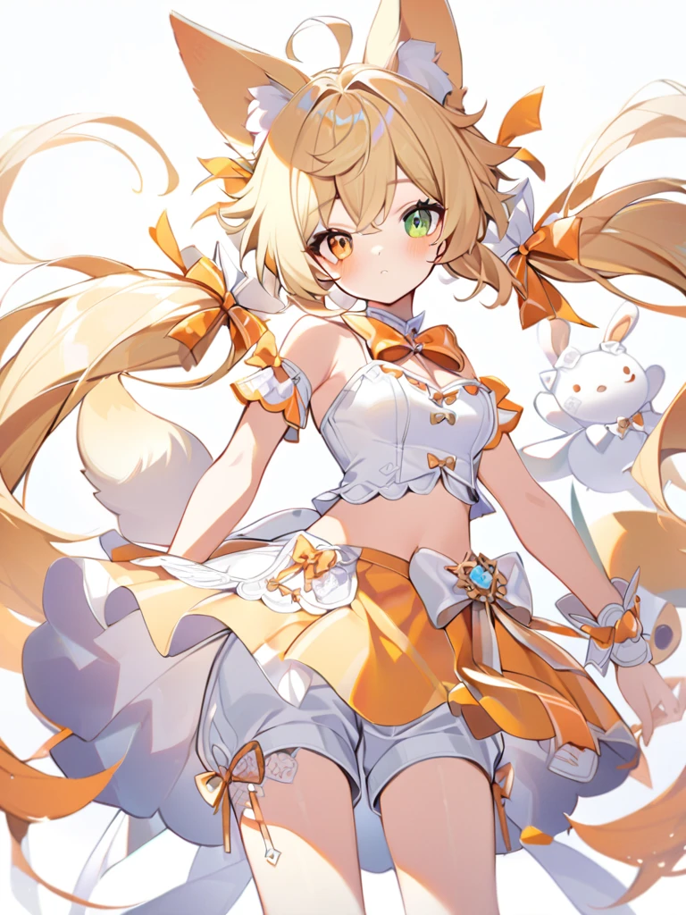 1girl, animal ears, bangs, bare shoulders, blonde hair, blush, bow, breasts, white cleavage, cropped torso, , green eyes, hair ribbon, heterochromia,  stlooking at viewer, , orange bow, orange eyes, orange ribbon, ears like an unearthly animal, fluffy tail, light tail, real tail, ribbon, solo, stuffed animal, stuffed bunny, stuffed toy, twintails, upper body, full-length, white legbands, white shoes with lace and white bows, white background, wrist cuffs, yellow eyes, bloomers, close-up, fair skin frills, lace, midriff, skirt, solo, , white background,shorts, white top with ribbon and lace and trousers,trousers, genshin,white slippers with a bow,All clothes are white, laceAt full height, it stands, в полный рост