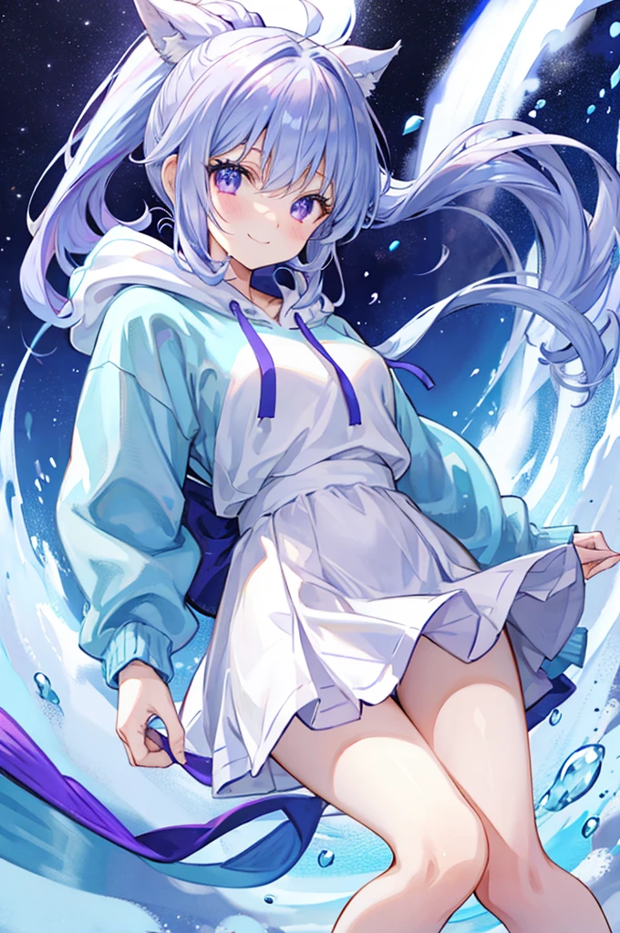 Light blue hair、Purple Eyes、High ponytail、cute、smile、Shaggy hoodie、White Skirt