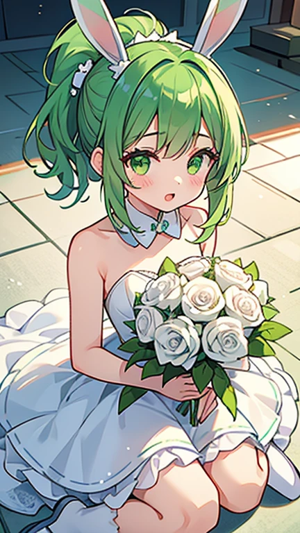 one girl,green ponytail,green eyes,green bunny ears,white wedding dress,white shoes,Holding a bouquet