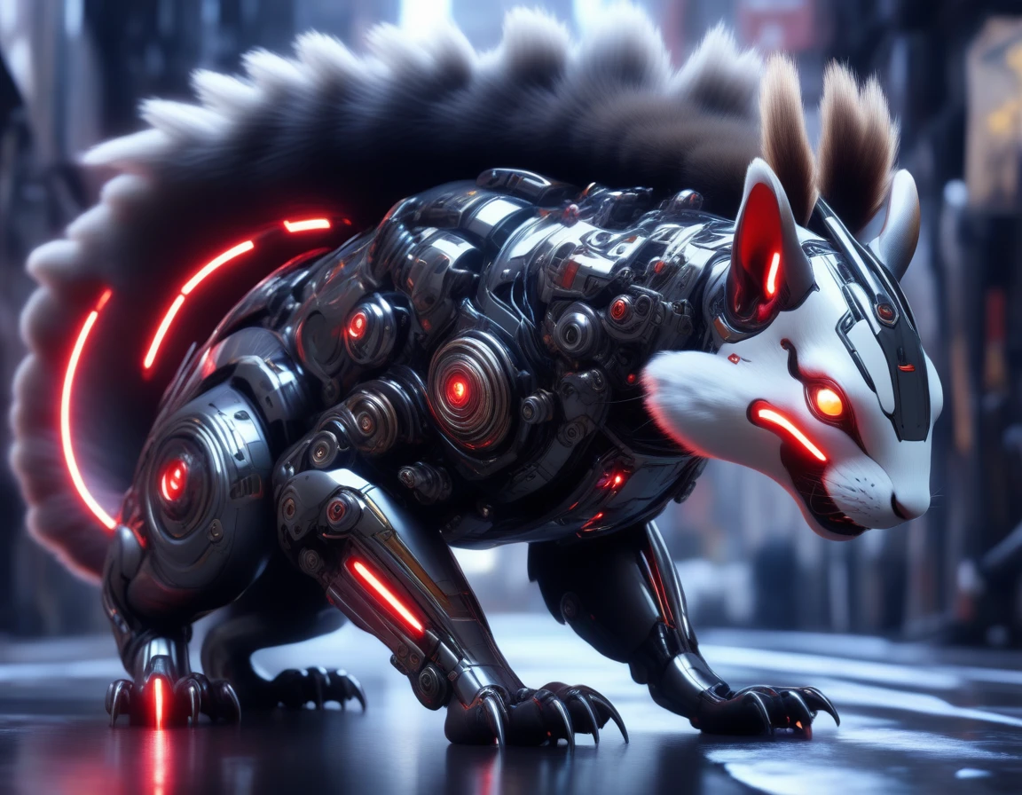 ((Masterpiece)), ((Best Quality)), (Very Detailed), ((Very Detailed)), 4K, (8K), very aesthetic, absurdres highres, Draw a design that resembles a futuristic robotic squirrel. Squirrels have brown fur with black stripes on their tails, and although they are small, they have a strong physique that allows them to move quickly. It features exposed gears, metal plates, and red glowing elements. Its eyes glow blue, and its body reveals sharp front teeth and metal plates. Its powerful front and hind legs have metal joints, and red glowing energy flows from its sharp claws. cyborg, android,