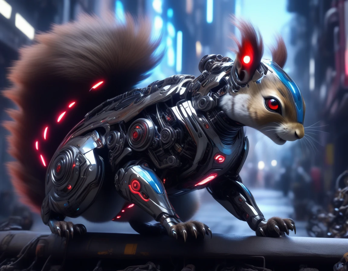 ((Masterpiece)), ((Best Quality)), (Very Detailed), ((Very Detailed)), 4K, (8K), very aesthetic, absurdres highres, Draw a design that resembles a futuristic robotic squirrel. Squirrels have brown fur with black stripes on their tails, and although they are small, they have a strong physique that allows them to move quickly. It features exposed gears, metal plates, and red glowing elements. Its eyes glow blue, and its body reveals sharp front teeth and metal plates. Its powerful front and hind legs have metal joints, and red glowing energy flows from its sharp claws. cyborg, android,