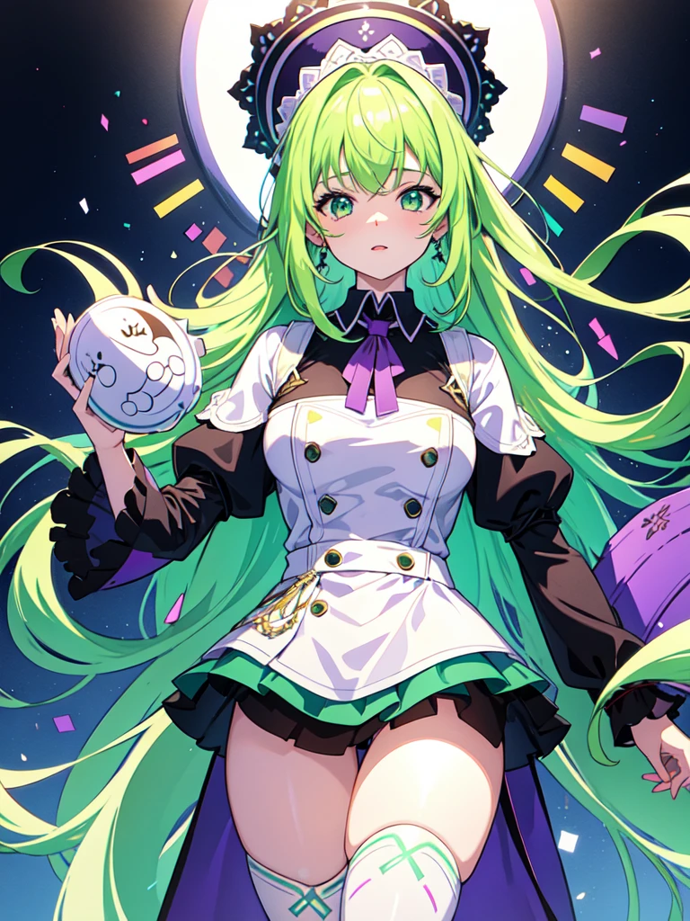 Carrying a shield as big as his body, watercolor画, （Gradient braided hair, (Ink blotches:1.1), (pale:1.2),(Light purple:1.2),(Green/Black:1.2)）and wearing a maid outfit 　Mature face,tall, Wearing black tights,Green Eyes, The skin is hidden　and 1 female, Nervous,Cowboy Shot, sketch (Character design sheet, same characters, whole body, Three-View, front, ~ ~ ~ side, return),(Very bright:1.1), White Background, [1 Girl:7], (Tilt your head:1.2), ([sketch|watercolor \(Moderate\)]:1.15),Chaotic Abstract Background, Vector Trace, Gradient Blending, Bright colors, that&#39;wonderful, Very detailed, Complex, (Very low contrast:1.4）