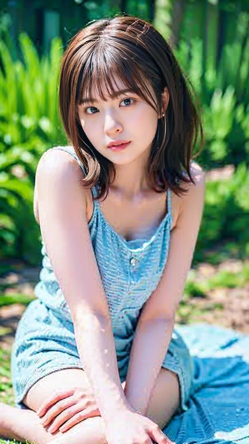 highest quality, Photorealistic, Very detailed, finely, High resolution, 8K Wallpaper, Professional, High level of detail, ((One 18 year old girl:1.2)), Slender Japanese women,cute lips, (Long eyelashes:1.2)、Detailed clavicle, Mid-chest、Perfect Face, (Cute short bob hair:1.5), Chestnut Hair、Cute face、(Tennis Wear:1.5)、(Sexy poses on the tennis court:1.2)、perfect body style、Full body shot from the knees up