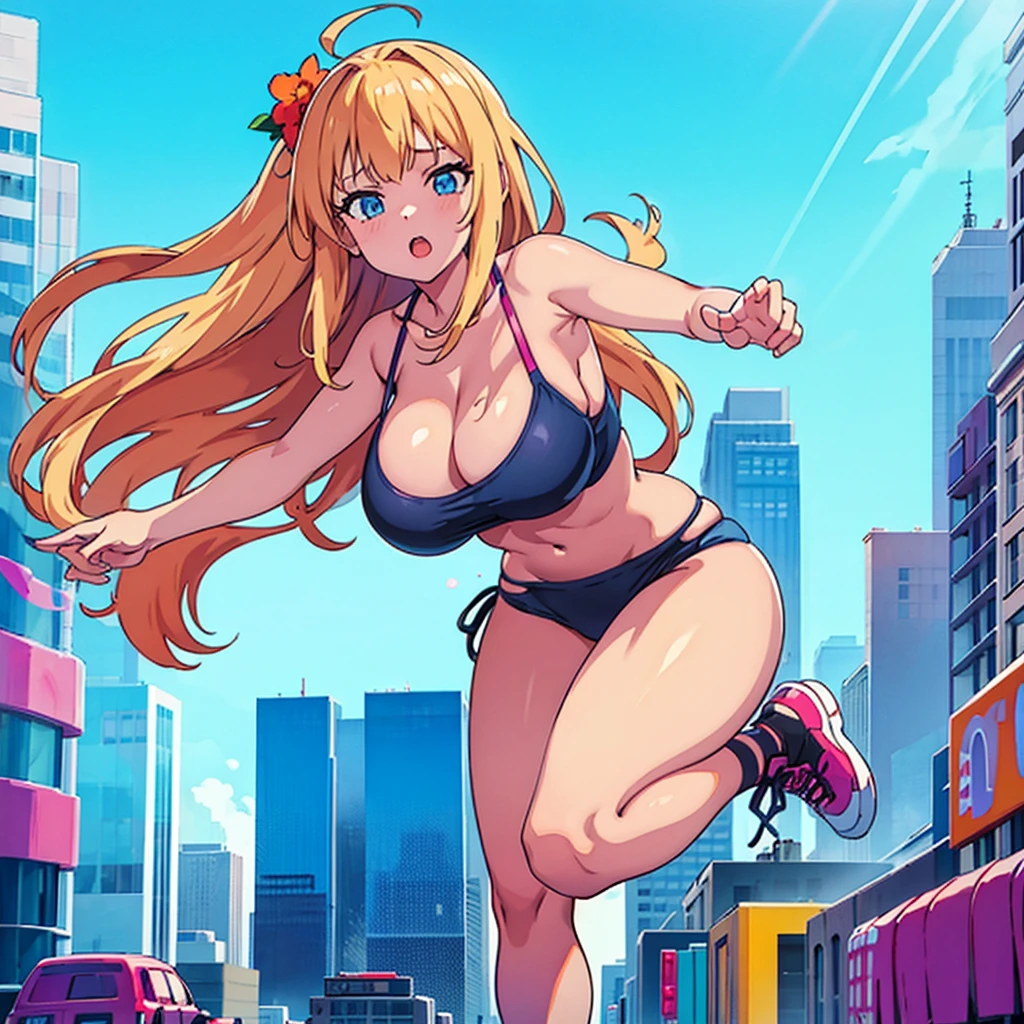 90's giant girl on the road of the big city girl in bikini swimsuit female giant giant girl Whole body sneakers Destroyed skyscrapers Destroyed cars Crowd Unreal Engine, ,anmnr,giantess,giant girl,Big city, valley between buildings, h