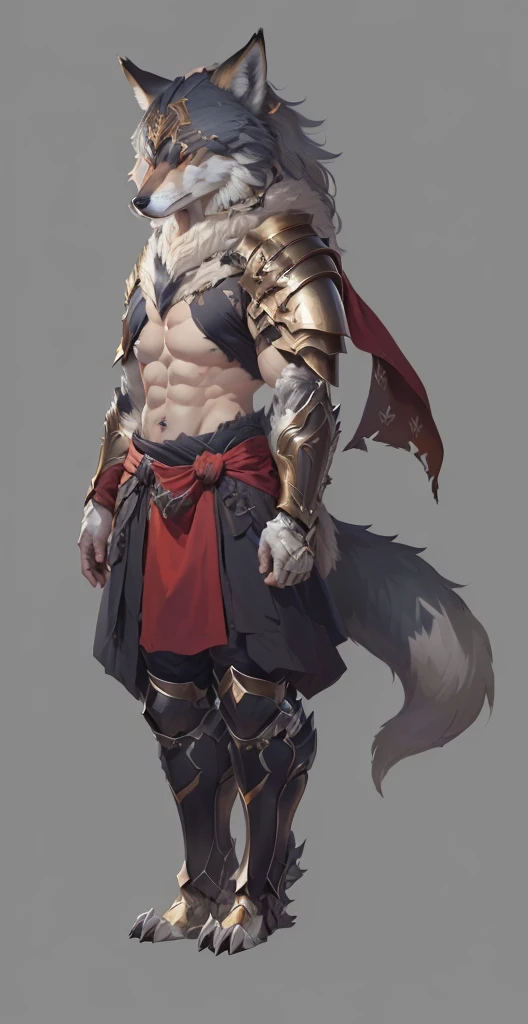 Close-up of man in wolf costume, Fox-inspired armor, detailed Whole body concept art, detailed Whole body concept, Anthropomorphic wolf man, Whole body concept, Wolf Armor, Minotaur Wolf, High resolution commissions, Male Warrior, Full body character concept, Whole body concept art, Human Male Character Art