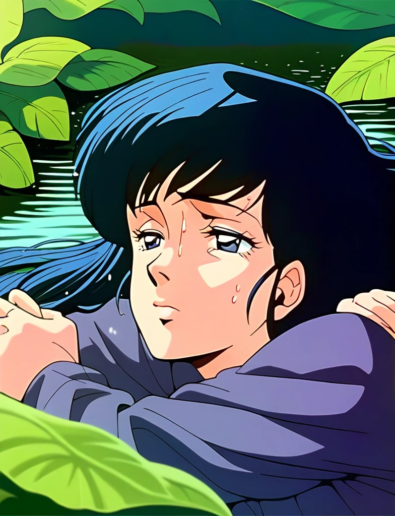 ,Kyoko,score_9,score_8_superior,score_7_superior,sauce_anime,One girl,alone,View your viewers,soaked,downpour,in the forest,No clothes,Lying down,Sad face,:d,arms_behind_return,
