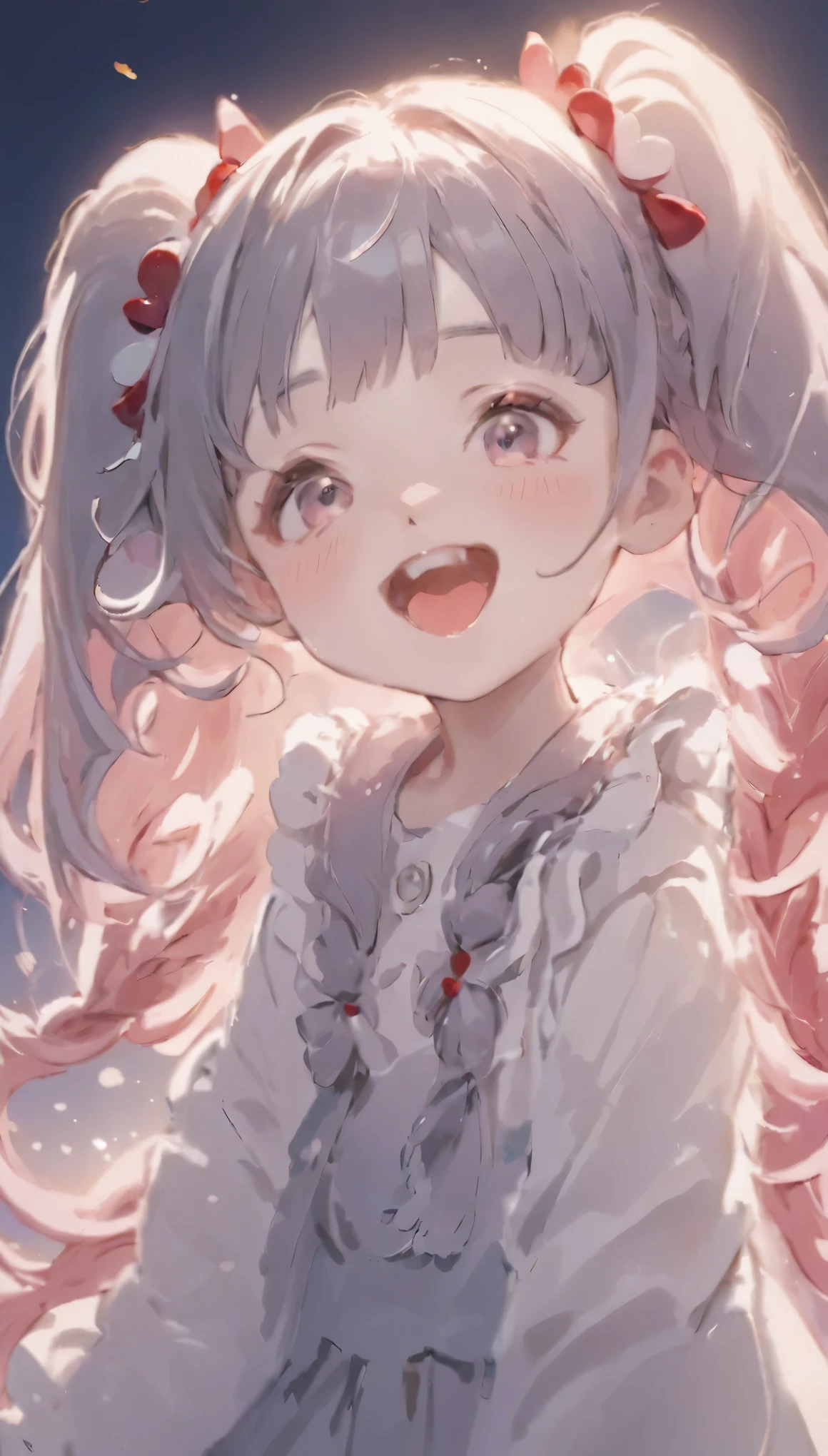 Highest quality、masterpiece、One Girl、、White skin、Wicked Smile:0.8、Open your mouth、(Sticking out tongue)、Pink Hair。Twin tails、Hair Clip、big hair clip、Cute Hair Clips、Gray eyes、Little red cheeks and nose、BREAK、Happy, Warm and soft lighting, sunset, (spark:0.7)