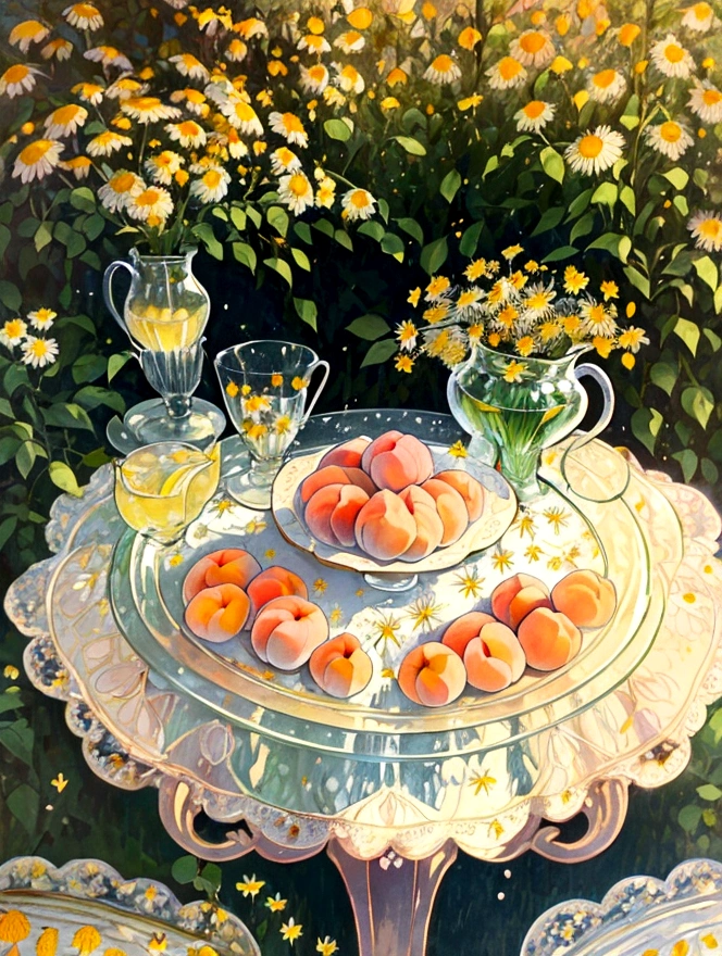 ((nobody)) Vintage Victorian style, Precise old encyclopedia (best quality:1.2), (detailed:1.2), (masterpiece:1.2), ((vintage illustrations of a garden at a sunny day, peaches on a plate, glass of lemonade, lacy tablecloth, calm, soft iridescent light, chamomile flowers, light particles sparkles))