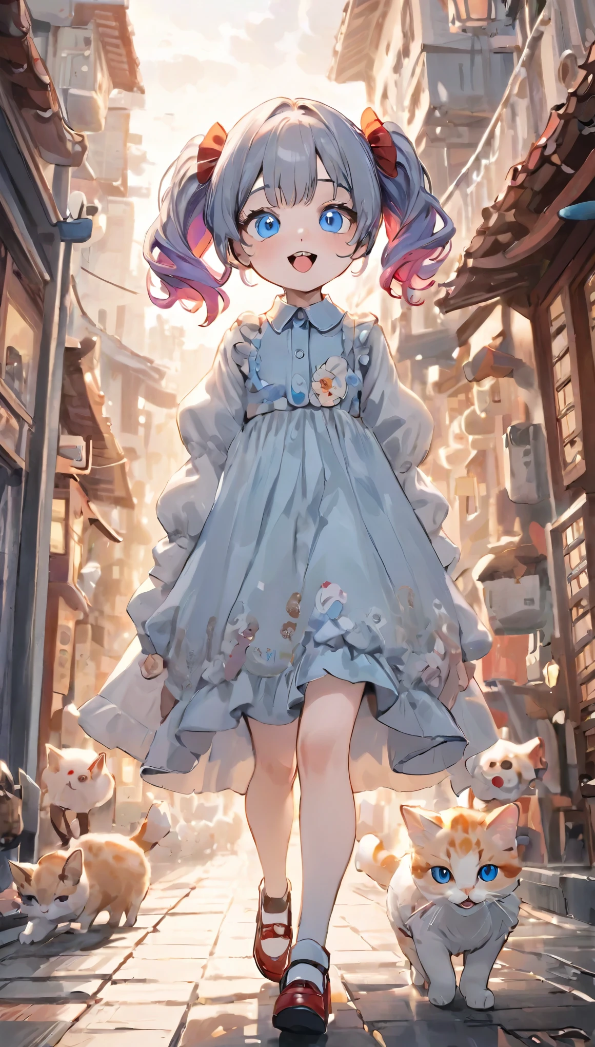 Highest quality、masterpiece、One Girl、12 years old、White skin、Wicked Smile:0.8、Open your mouth、(Sticking out tongue)、Pink Hair。Twin tails、Hair Clip、big hair clip、Cute Hair Clips、Gray eyes、Little red cheeks and nose、BREAK、A very detailed drawing of a calico cat、Insane Details、Highly detailed cat、Blue Eyed Cat、A calico cat strolling around as if it owns the place、Calico cat walking on the promenade、BREAK、Happy, Warm and soft lighting, sunset, (spark:0.7)