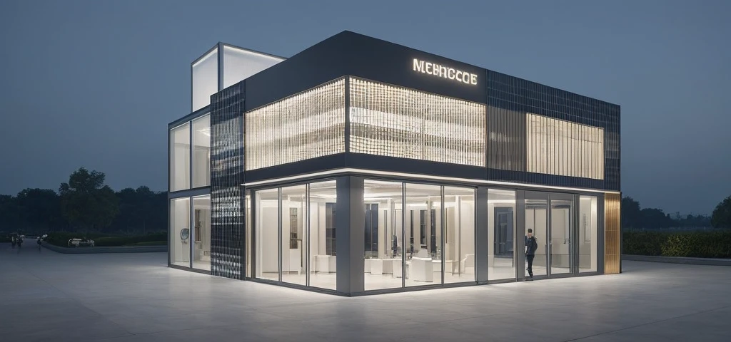 Create an outdoor scene featuring a luxurious car showroom. The building should have large glass windows and a facade covered with elegant CNC perforated panels, reminiscent of a high-end Gucci store. The panels and glass should reflect the magical glow of spotlights. It's evening, and warm yellow light emanates from inside the showroom, which is filled with stylish cars on display. The sky is clear blue, with the glass panels reflecting its colors. The street view includes wide sidewalks with clusters of green trees and bustling pedestrians. Ensure the composition highlights the primary and secondary focal points perfectly