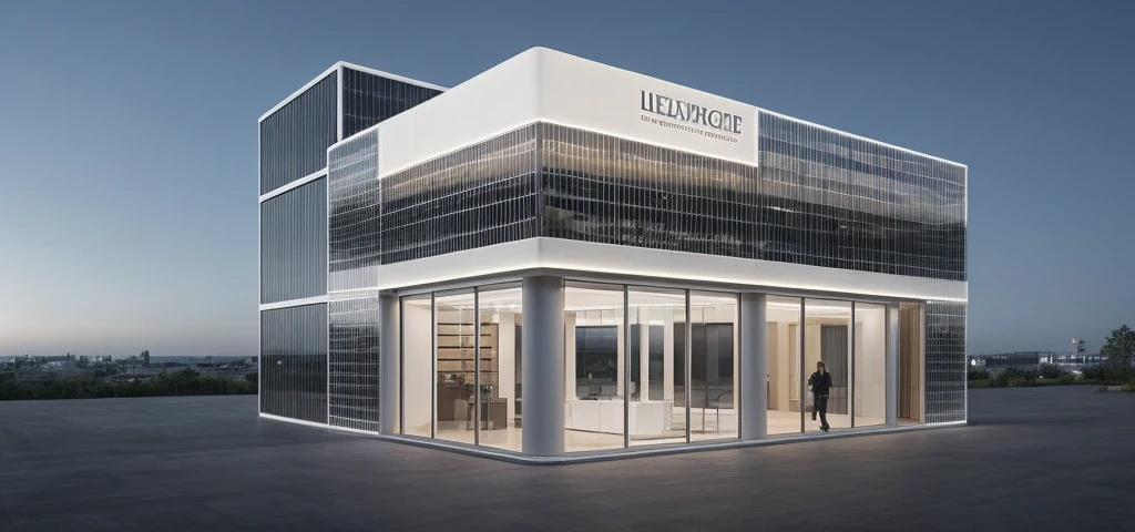 Create an outdoor scene featuring a luxurious car showroom. The building should have large glass windows and a facade covered with elegant CNC perforated panels, reminiscent of a high-end Gucci store. The panels and glass should reflect the magical glow of spotlights. It's evening, and warm yellow light emanates from inside the showroom, which is filled with stylish cars on display. The sky is clear blue, with the glass panels reflecting its colors. The street view includes wide sidewalks with clusters of green trees and bustling pedestrians. Ensure the composition highlights the primary and secondary focal points perfectly