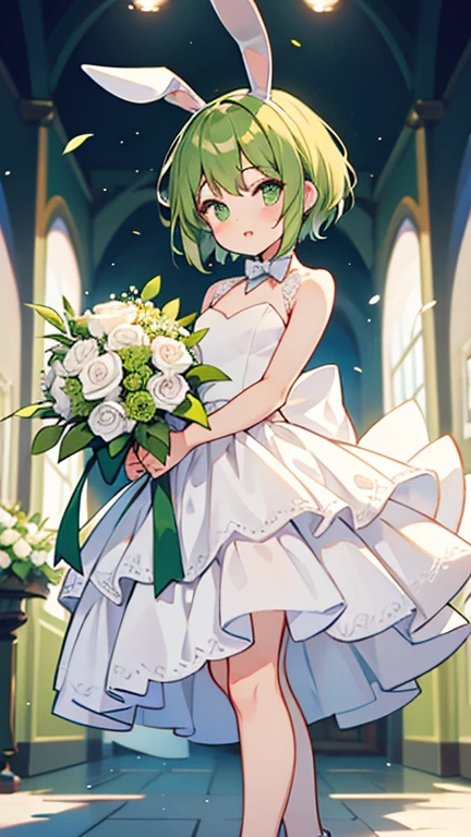 one girl,green short hair,green eyes,green bunny ears,white wedding dress,white shoes,Holding a bouquet