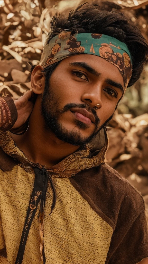 there is a man with a bandana on his head, ayan nag, with accurate face, portrait shot 8 k, jayison devadas, good looking face, profile pic, edited in photoshop, around 1 9 years old, very artistic pose, riyahd cassiem, candid picture, very very low quality picture, soft portrait shot 8 k, mohamed chahin style