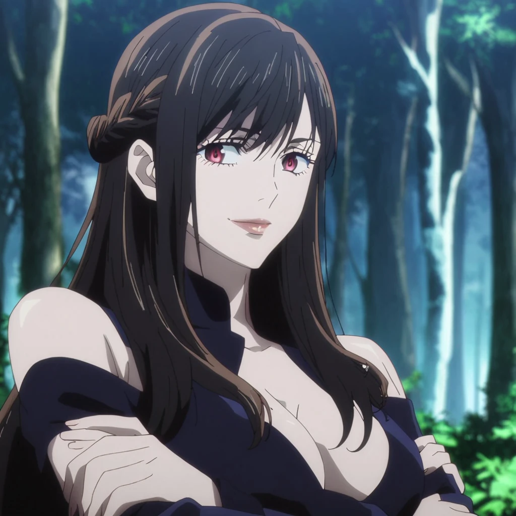 1girl, anime screencap from jujutsu kaisen, solo, very long_hair, ((smooth texture hair)) purple eyes, ((long hair, black hair, french braid, red_eye)), breasts, upper_body, smile, forest background, red_eyes, lips, ((long black hair, elegant hairstyle, french braid ,red_eye)) wearing black color clothes, breast, "very detailed and high resolution" (red eyes) ((cross arms))  ((smooth texture hair)) ((solo)) ((high resolution)) (Good quality) 