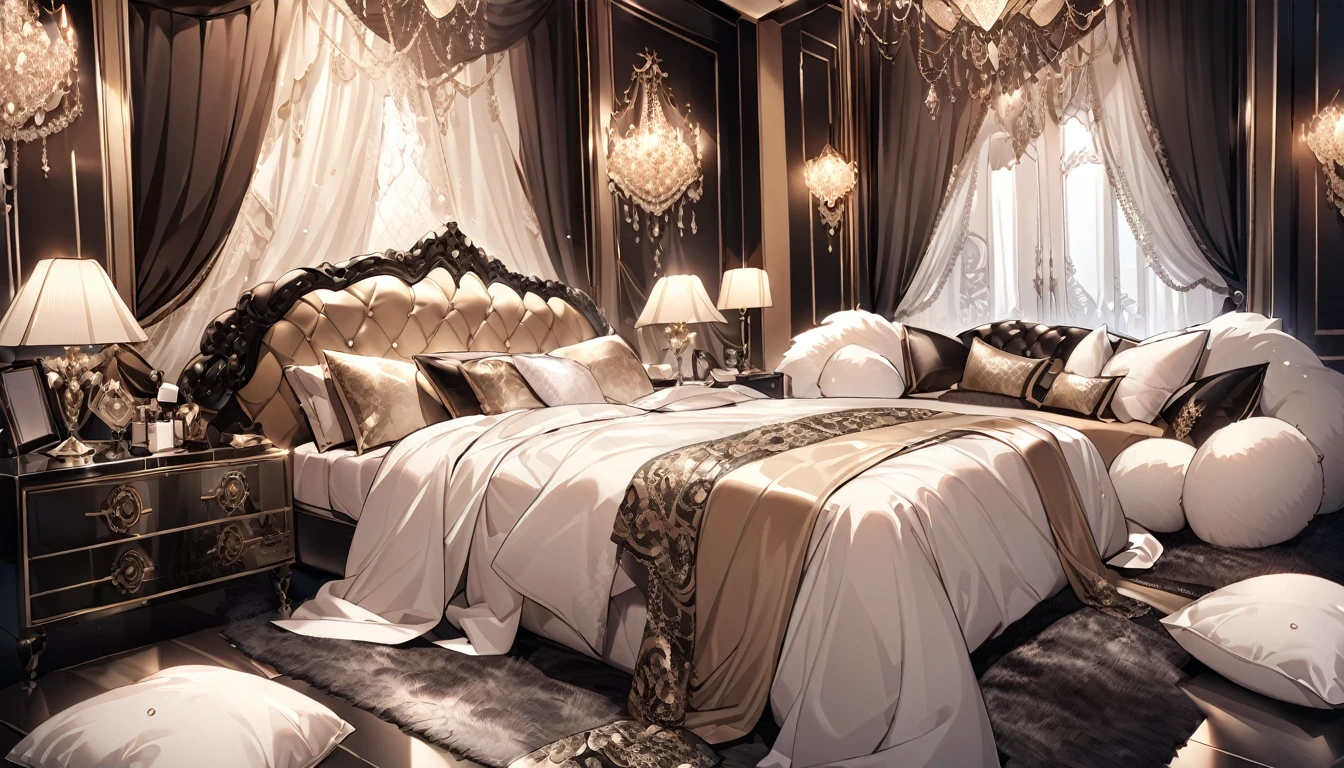 Luxurious and fluffy silk bed、Lots of big silk pillows、