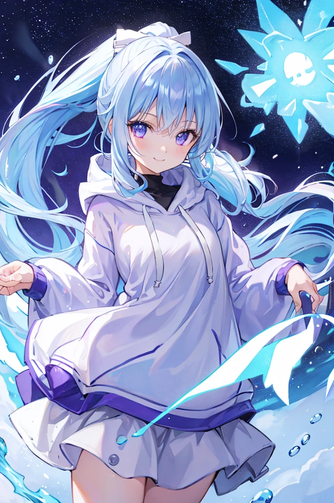 Light blue hair、Purple Eyes、High ponytail、cute、smile、Large hoodie、White Skirt