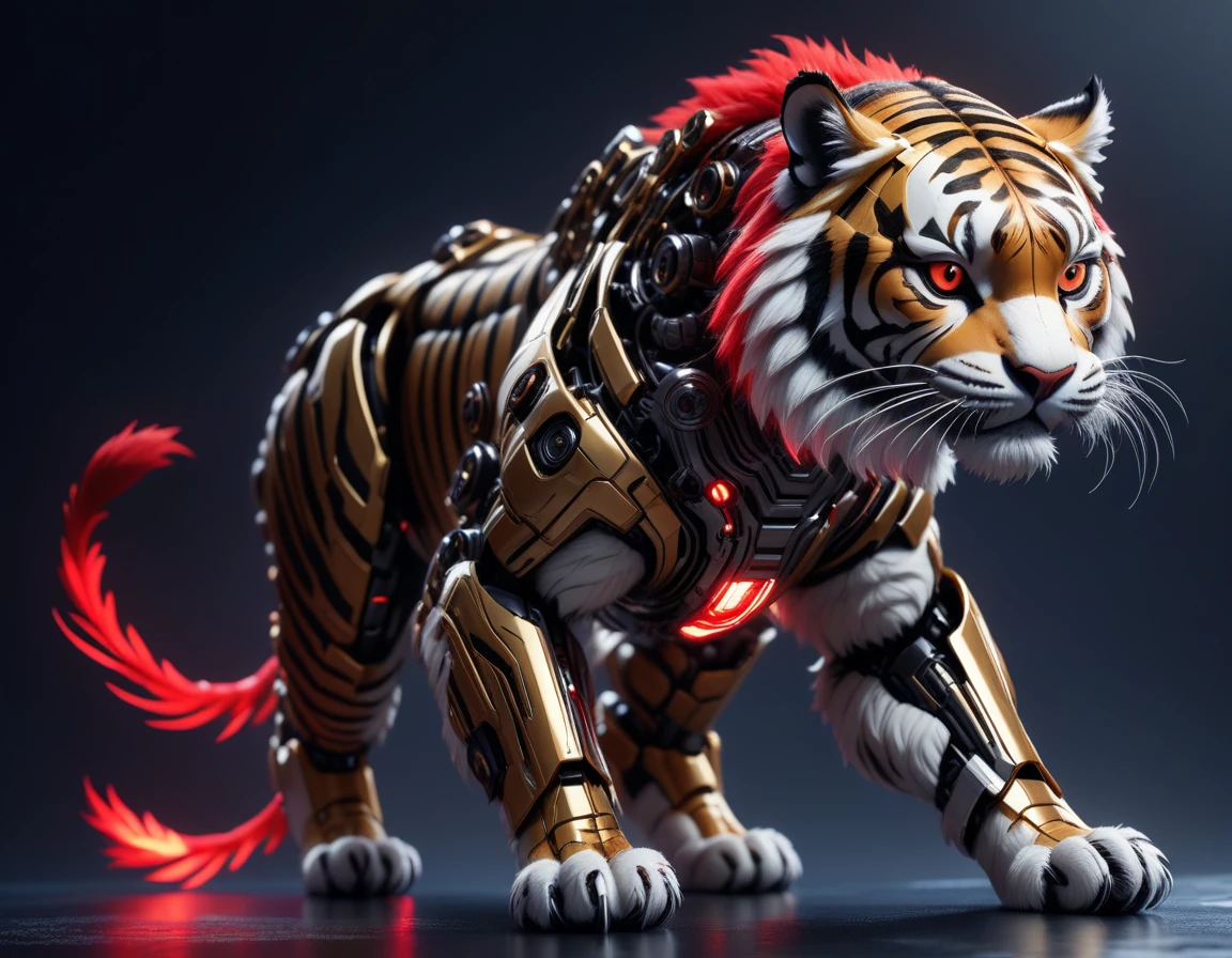 Ultra-realism, ((Masterpiece)), ((Best Quality)), (Very Detailed), ((Very Detailed)), 4K, (8K), very aesthetic, absurdres highres, Draw a futuristic robotic tiger. This Tiger's design combines organic elements with advanced mechanical elements. Tigers have white fur with black stripes and a slim, strong physique. Parts of the body are based on natural cat anatomy, while other parts have mechanical features such as exposed gears, metal plates, and red glowing elements, The claws are sharp and have red glowing energy flowing through them. action pose, dynamic angle,