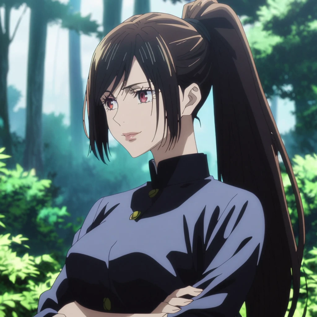 1girl, anime screencap from jujutsu kaisen, solo, very long_hair, ((smooth texture hair)) purple eyes, ((long hair, black hair, hair ponytail , red_eye)), breasts, upper_body, smile, forest background, red_eyes, lips, ((long black hair, elegant hairstyle, hair ponytail ,red_eye)) wearing black color clothes, breast, "very detailed and high resolution" (red eyes) ((cross arms))  ((smooth texture hair)) ((solo)) ((high resolution)) (Good quality) 