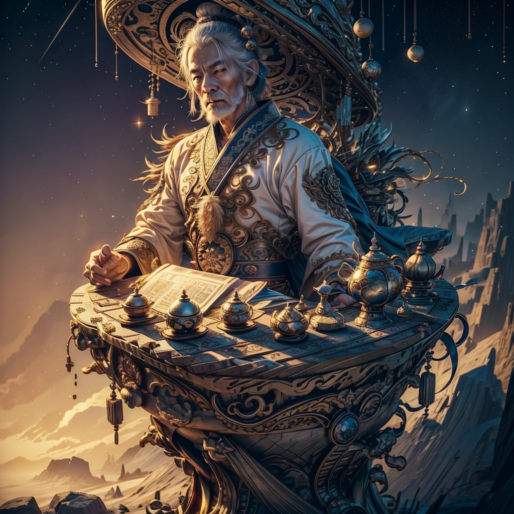 one person,Taoism,meditate,taijitu,浩瀚of宇宙星辰,Older men,wearing a Taoism robe,Starlight,fantasy,of,16k quality,Lots of facial details,Fine composition,Feeling,Top-down lighting,Facial details,Extremely detailed