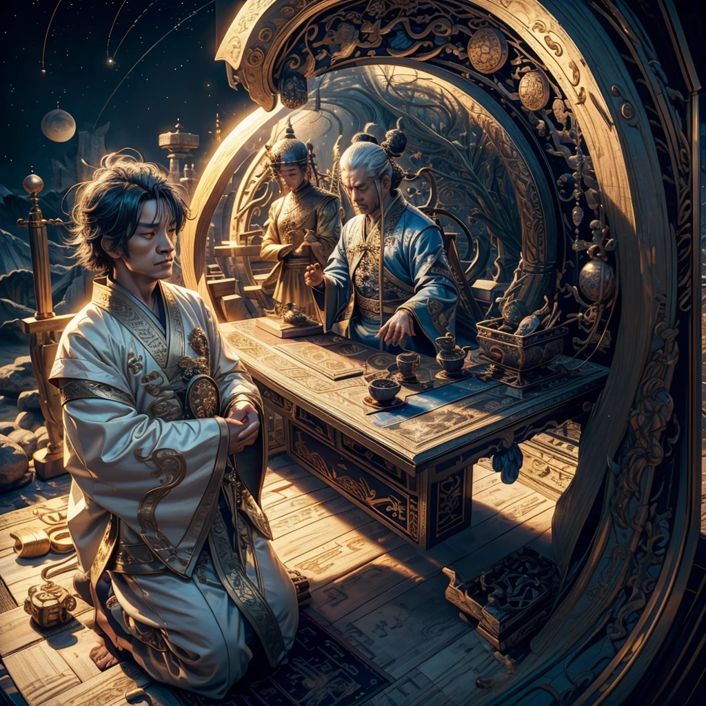 one person,Taoism,meditate,taijitu,浩瀚of宇宙星辰,Older men,wearing a Taoism robe,Starlight,fantasy,of,16k quality,Lots of facial details,Fine composition,Feeling,Top-down lighting,Facial details,Extremely detailed