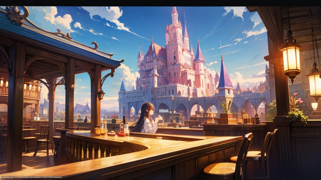 Anime Style,Nostalgic,Detailed background,Magical World,A lively bar with lots of people,Beautiful sky,Bard&#39;s Smiling Beauty,guitar,Large Breasts,Healthy thighs