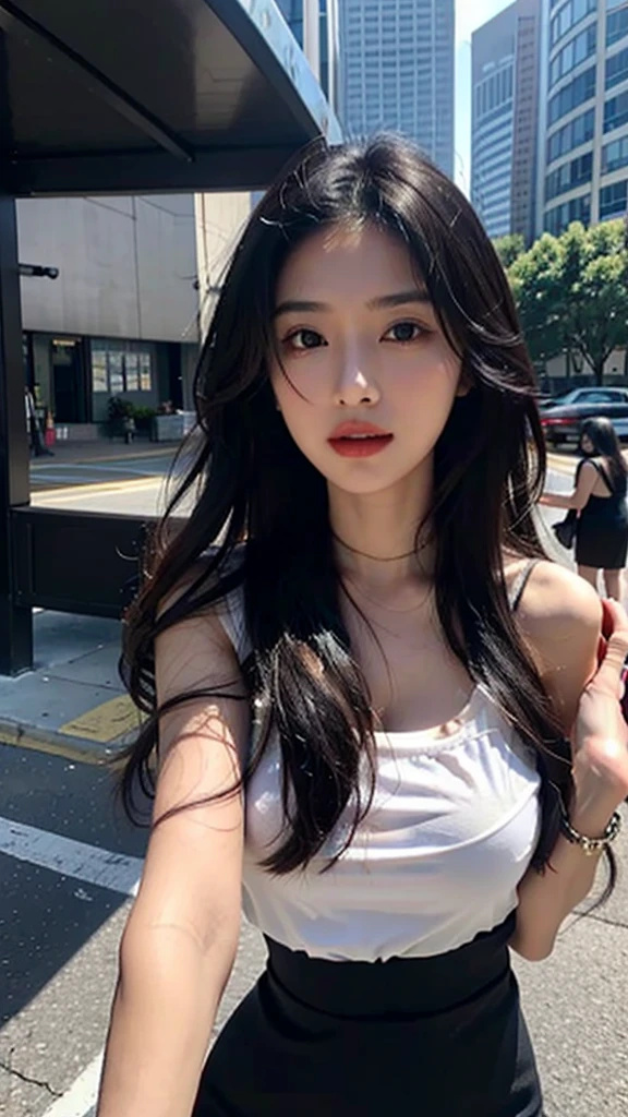 one girl,Beutiful women, In the city,During the day,Office Lady,Long Hair,Black hair color