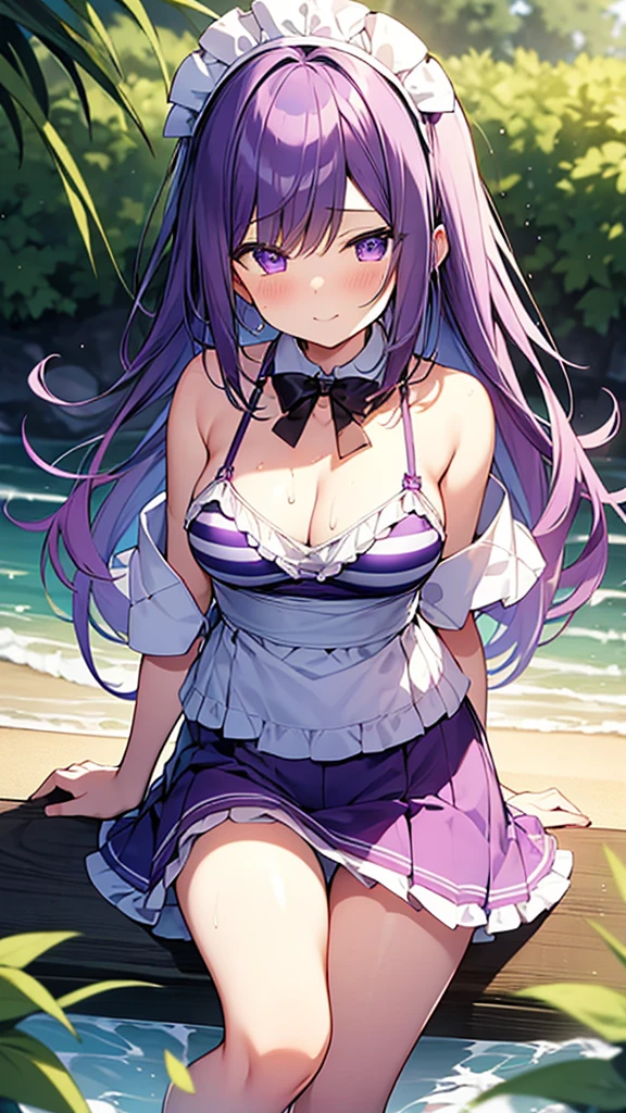 最high quality, high quality, 16K, Ultra-detailed details, pretty girl, alone, beautiful purple hair, Beautiful purple eyes, Big Breasts, A light smile, Summer clothes, Summer Maid clothes, I'm lifting my skirt, Blue and white color striped underwear(Bikini Swimwear), My crotch is wet with love juice, {{A succubus strips off the maid&#39;s face and clothes and takes her place}}, Full body image, NSFW