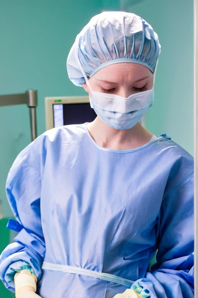 score_9, score_8_up, score_7_up, pale skin, his face showed signs of embarrassment, scrubs, surgical mask, surgical cap, long sleeve surgical gown, cover your ears,
1girl, pregnant, big breasts, solo, rubber gloves, hospital bed, standing