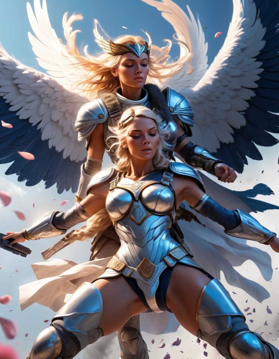 Wide-angle, full-length, a (stunningly beautiful Valkyrie) holding a sleeping male soldier dressed in modern war-gear in her arms, flying into Valhalla, after (glorious combat, epic), incredible, awe, beautiful, highly detailed, well drawn face features, highest quality, divine, prismatic analogous colors, dynamic composition, delicate, cinematic lighting, sublime, striking scene, sharp and crisp image, ultra realistic, (petals in the air)