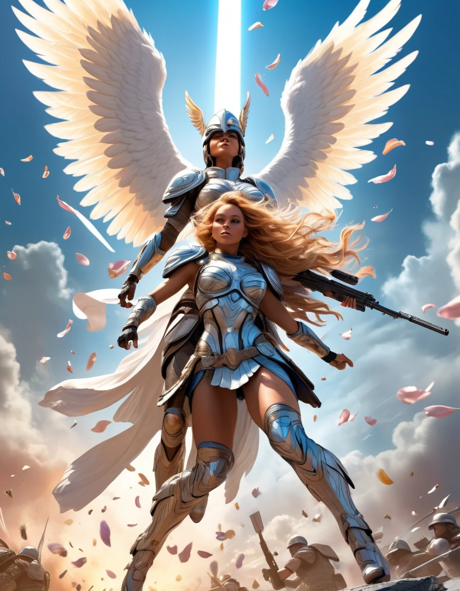 Wide-angle, full-length, a (stunningly beautiful Valkyrie) holding a sleeping male soldier dressed in modern war-gear in her arms, flying into Valhalla, after (glorious combat, epic), incredible, awe, beautiful, highly detailed, well drawn face features, highest quality, divine, prismatic analogous colors, dynamic composition, delicate, cinematic lighting, sublime, striking scene, sharp and crisp image, ultra realistic, (petals in the air)