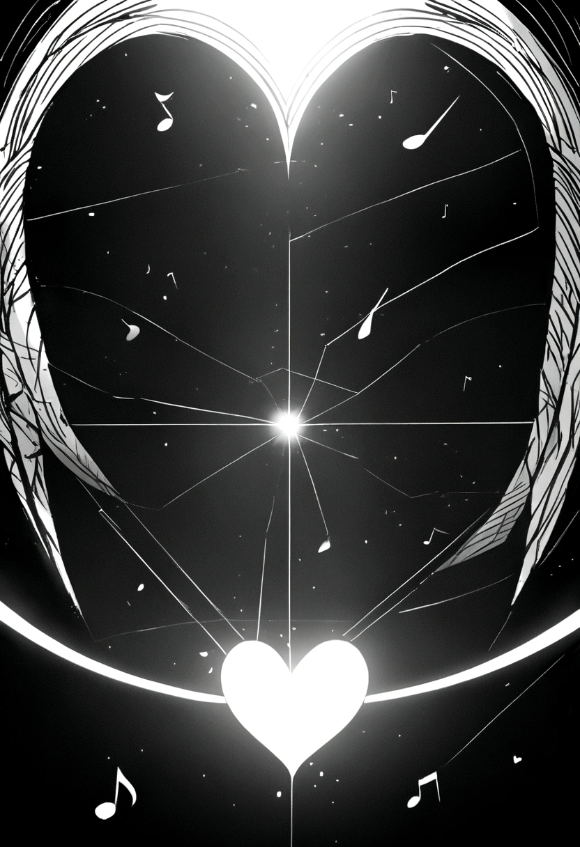 Realistic linear heart with geometry and monochrome musical notes
