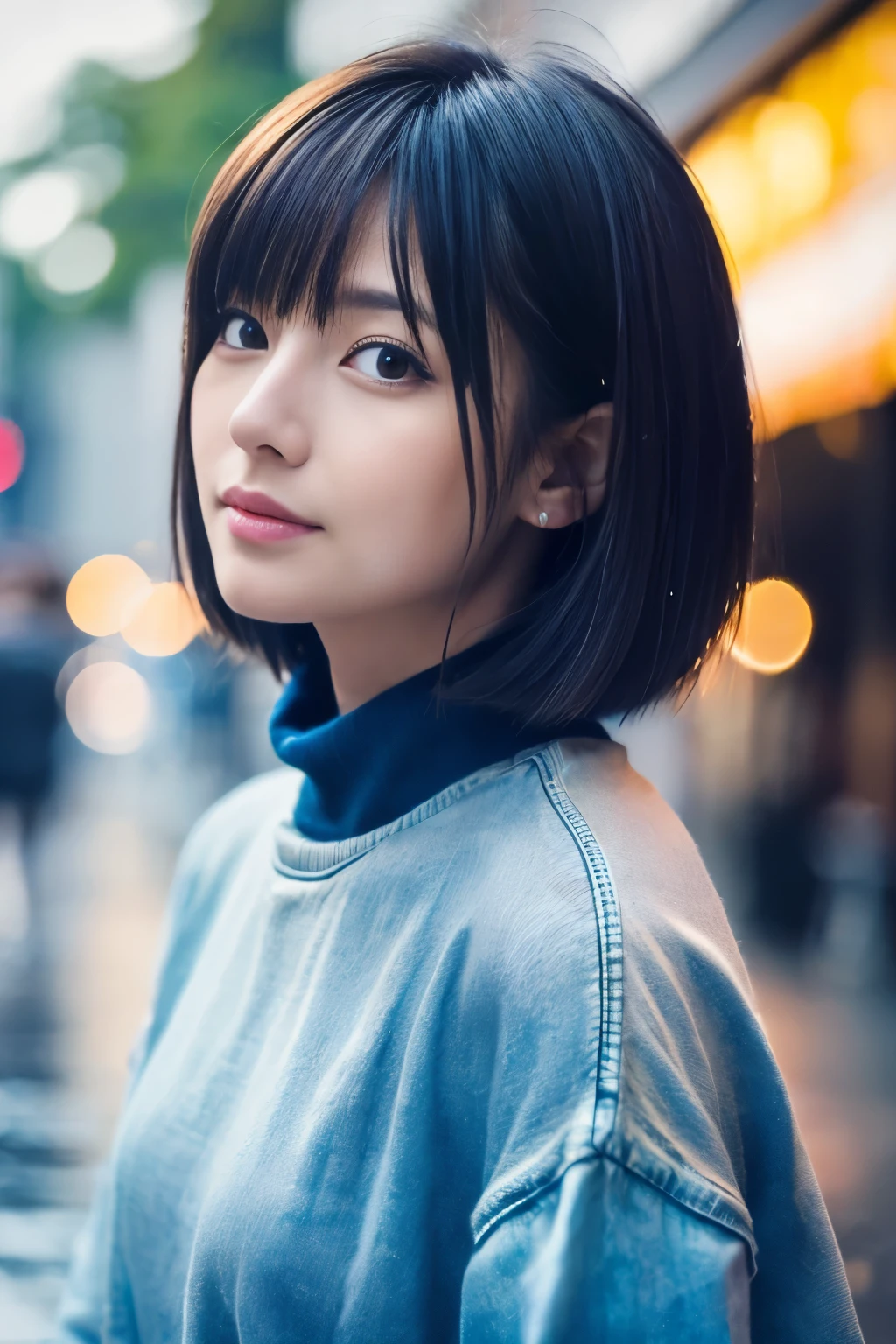 ((Top quality、8K、masterpiece:1.3))、Sharp focus:1.2、Beautiful woman with perfect body:1.4、Slim abdominal muscles:1.2、((Very short hair:1.2))、(Dark blue sweater、denim:1.1)、(rain、a street:1.2)、Wet:1.5、3D Textures、Delicate eyes、Brown hair、Very shiny hair、Rear view、Improve hair quality、Handsome short hair、short hair blonde。