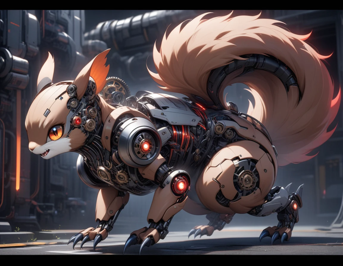 ((Masterpiece)), ((Best Quality)), (Very Detailed), ((Very Detailed)), 4K, (8K), very aesthetic, absurdres highres, Draw a design that resembles a futuristic robotic squirrel. Squirrels have brown fur with black stripes on their tails, and although they are small, they have a strong physique that allows them to move quickly. It features exposed gears, metal plates, and red glowing elements. Its eyes glow blue, and its body reveals sharp front teeth and metal plates. Its powerful front and hind legs have metal joints, and red glowing energy flows from its sharp claws. cyborg, android,