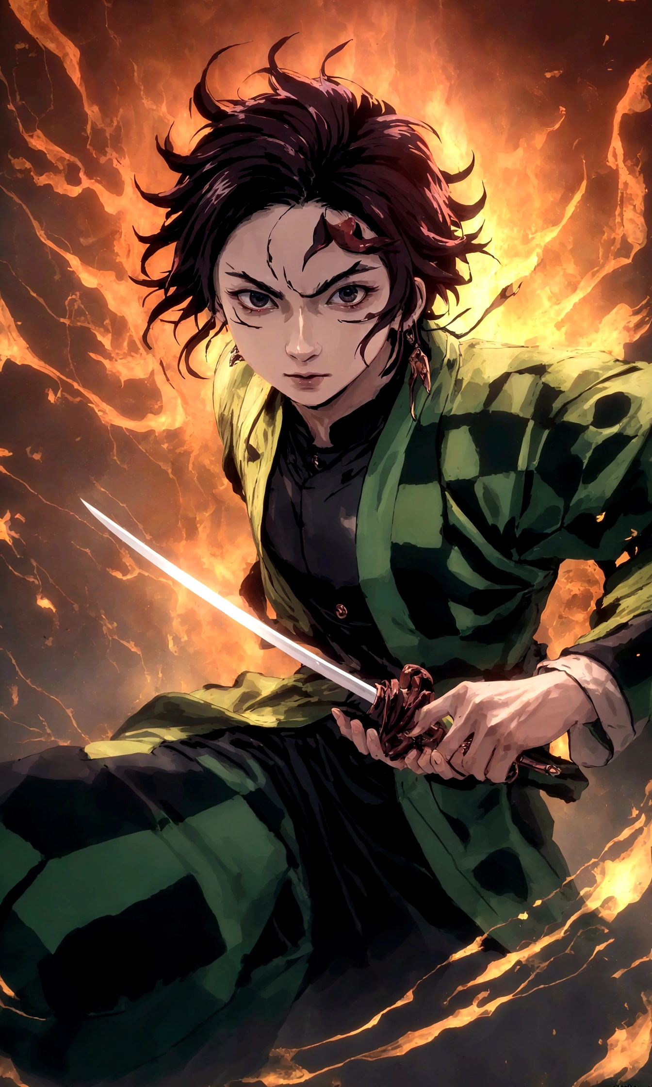 (1 male,beginning Kamado),Demon slayer,beginning&#39;Costume,,Water and fire effects,Intricate details,,Decadent,artwork,rendering,Dynamic pose,(masterpiece:1.3),(Highest quality:1.4),(Very detailedな:1.5),High resolution,Very detailed,unity 8k wallpaper,Dark fantasy,Brush strokes,Glare,Fighting Style,Glare,Hopeless shape,break,Holding a straight Japanese sword