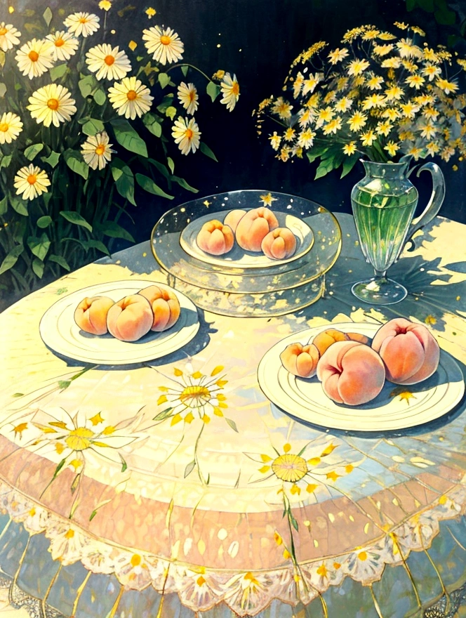 ((nobody)) Vintage Victorian style, Precise old encyclopedia (best quality:1.2), (detailed:1.2), (masterpiece:1.2), ((vintage illustrations of a garden at a sunny day, peaches on a plate, glass of lemonade, lacy tablecloth, calm, soft iridescent light, chamomile flowers, light particles sparkles))