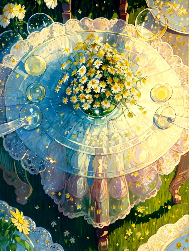 ((nobody)) Vintage Victorian style, Precise old encyclopedia (best quality:1.2), (detailed:1.2), (masterpiece:1.2), ((vintage illustrations of a garden at a sunny day, peaches on a plate, glass of lemonade, lacy tablecloth, calm, soft iridescent light, chamomile flowers, light particles sparkles))